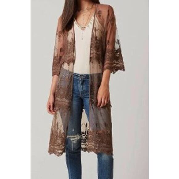Daytrip Sweaters - Daytrip Brown Lace Mesh Bohemian Embroidered Bohemian Flowy Open Cardigan M